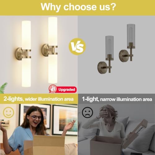 Indoi Wall Sconces Set of Two, Hardwired Brass Bathroom Sconces Wall Lighting with Milky White Glass, Modern Sconces Wall Decor Set of 2 Bathroom Light fixtures for Mirror Living Room Hallway Bedroom - Image 7