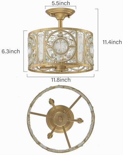 Semi Flush Mount Chandelier for Dining Room, 3-Lights Vintage Crystal Round Chandelier, Gold Retro Semi-Flush Mount Ceiling Lights Fixture for Living Room Bedroom Kitchen Hallway Foyer - Image 6