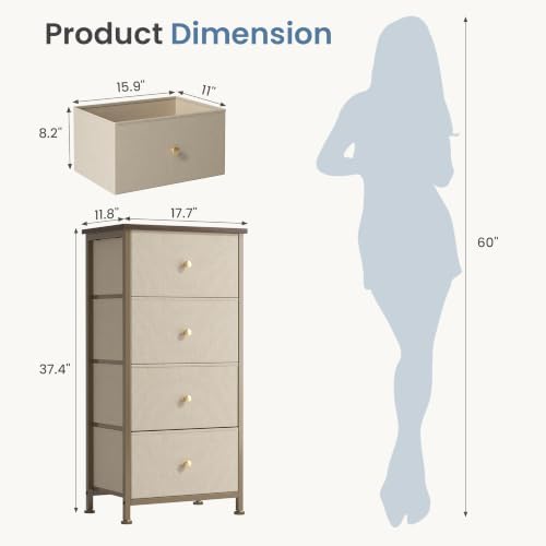 DUMOS Nightstand with 4 Drawers Bedside Table with Removable Fabric Bins Sturdy Steel Frame Wood Top Organizer Furniture for Bedroom Closet Living Room, Tan - Image 2