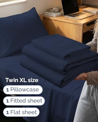 Twin XL 3 Piece Sheet Set - College Dorm Room Essentials - Navy Blue - Image 3