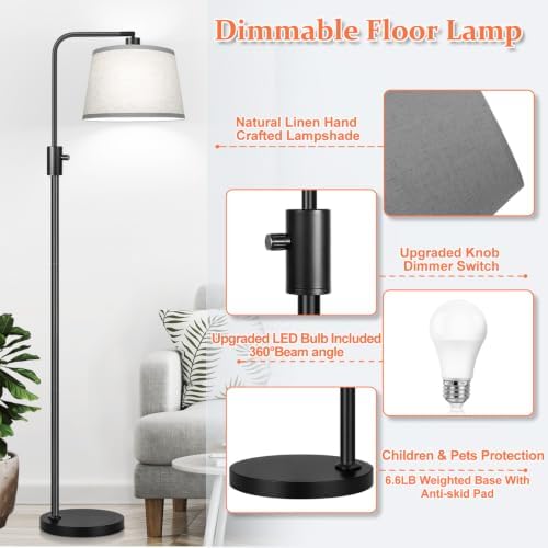 【Upgraded】 Dimmable Floor Lamp, 1000 Lumens LED Edison Bulb Included, Arc Floor Lamps for Living Room Modern Standing Lamp with Gray Shade, Tall Lamps for Living Room Bedroom Office Dining Room - Image 5