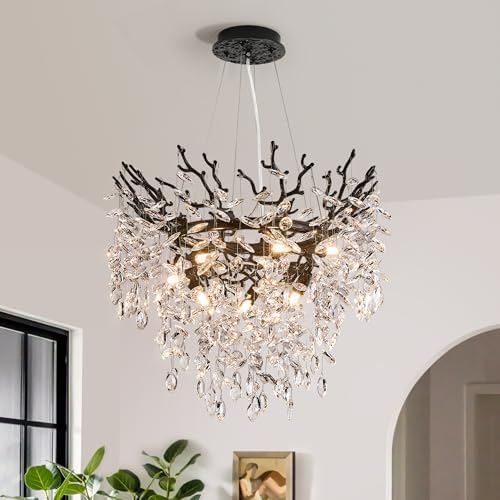 Modern Crystal Chandelier for Dining Room, 23.62" Black Tree Branch Chandeliers, 8-Light Luxury K9 Crystal Round Chandeliers for Kitchen Island Living Room by witkey