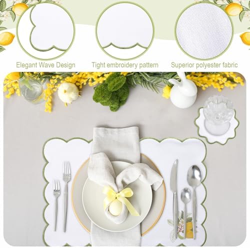 Set of 12 Lemon Cotton Linen Placemats Coaster, 12 x 17 Heat Resistant Embroidery Scalloped Placemats, 4" Summer Kitchen Coaster Double Layered Rustic Dinner Table Decoration(White and Green) - Image 3