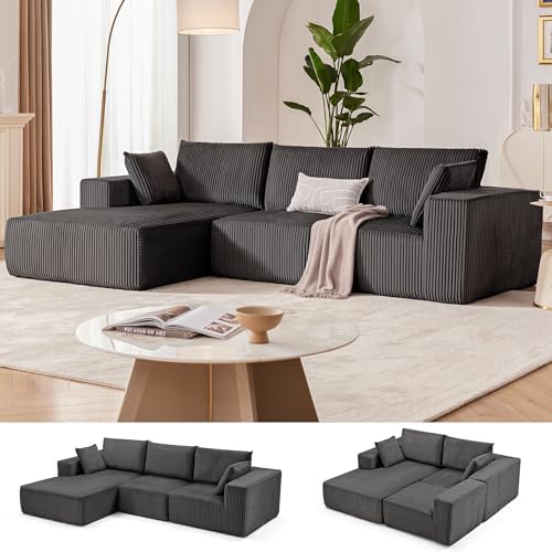 108" Boneless Couch with Chaise, Cloud Sectional Modular Sofa, Darkgrey by Weture