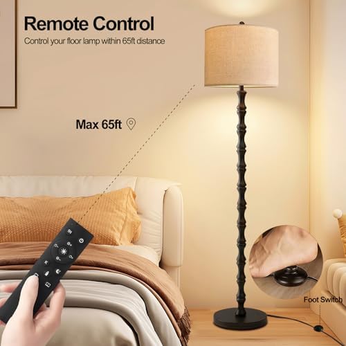 Wood Floor Lamps for Living Room Rattan Floor Lamp with Remote Control& 3 Color Temperature,Dimmable Rustic Floor Lamp Black Mid Century Modern Standing Lamp Tall Farmhouse Floor Lamp For Bedroom - Image 4