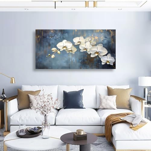 Abstract White Butterfly Orchid Canvas Wall Art for Living room Office Bedroom Flowers Wall Art Print Oil Paintings Modern Blue Gold Rain Mist Pictures Wall Decor Artwork Ready to Hang - 20in * 40inch - Image 6
