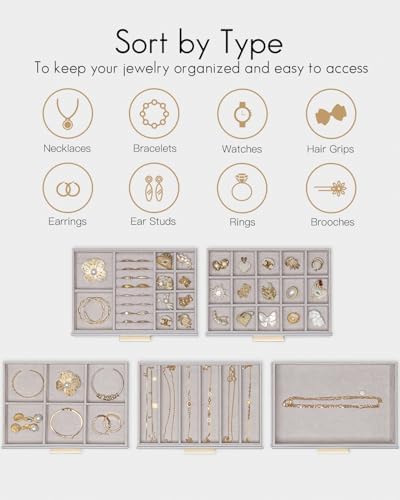 VLANDO 5 Layer Jewelry Box for Women, Glass Lid Jewelry Organizer with 5 Drawers for Necklaces Rings Earrings Bracelets - Grey - Image 3