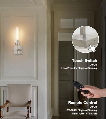 SANTOSTOCK Brushed Nickel Battery Operated Wall Sconces with Remote Control, Wireless Wall Sconce Set of 2, Rechargeable Cordless Wall Lights for Living Room Bathroom Hallway Entryway Stairwell, 3000K - Image 3