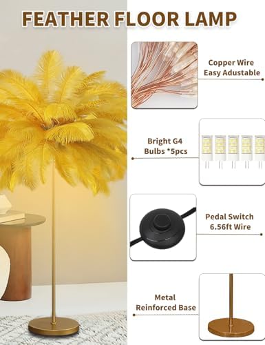 Feather Floor Lamp,Fluffy Ostrich Feather Floor Lamp for Bedroom,3 Color Temperatures Led Corner Modern Floor Lamps for Living Room Christmas Home Decor House Warming Gifts,63″ Height(Golden) - Image 4