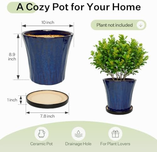 10 Inch Ceramic Planters with Drainage Hole and Saucer,Indoor Outdoor Large Flower Pots, Garden Pot for Plant Lovers (Blue) - Image 6