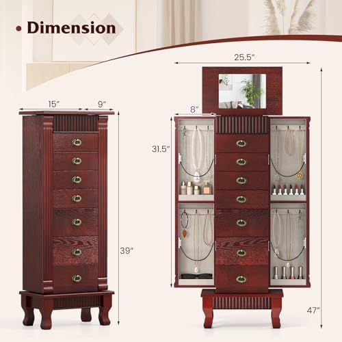 DREAMADE Jewelry Armoire, Standing Jewelry Box w/Mirror & 7 Drawers, Brown - Image 5