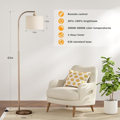 Ambimall Arc Floor Lamp with Remote and Stepless Dimmable Bulb, Colors Temperature & Brightness Adjustable, Floor Lamps for Living Room(Deep Beige Shade & Brown Pole) - Image 2
