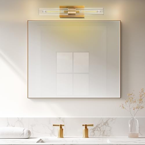 Brass Vanity Light Hardwired, 2-Light Bathroom Wall Sconce Over Mirror, 22.8" Gold Vanity Lights for Bathroom, Dimmable Wall Sconce with Glass Tube, Linear Wall Sconces vertical & horizontal, 1 PC - Image 2