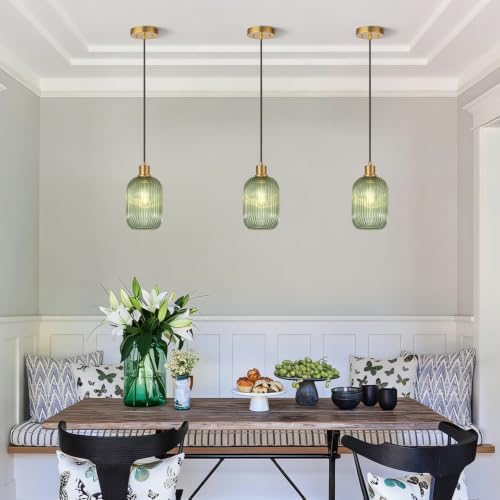 2 Pack Pendant Lights with Vintage Green Ribbed Glass Lampshade, Adjustable Brushed Gold Pendant Lights Fixtures for Kitchen Island Lighting Sink, Dining & Living Room Hallway (Bulbs Not Included) - Image 2