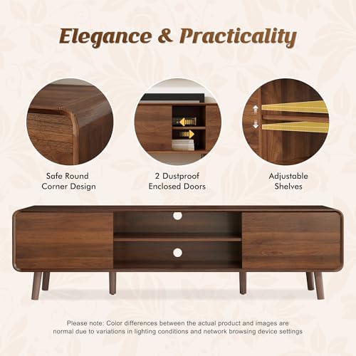 Nasonet 70" Mid Century Modern TV Stand for Tvs up to 80", Entertainment Center with Storage, Sideboard Media Console for Living Room with 2 Sliding Door/Adjustable Shelves, Walnut - Image 4