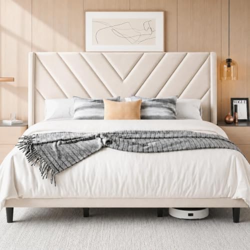Yaheetech King Bed Frame with Chevron Channel-Tufted Headboard, Beige by Yaheetech