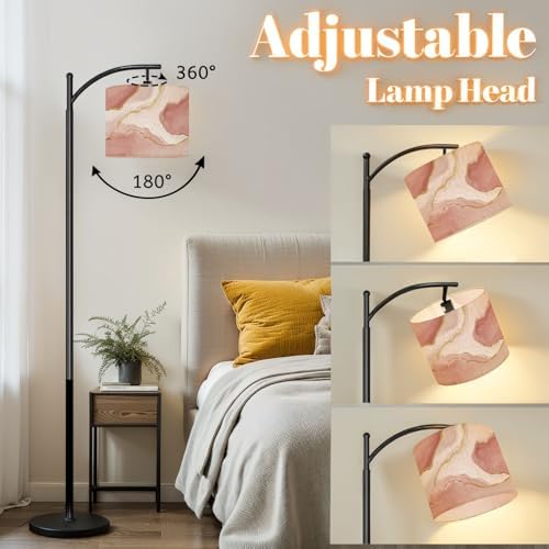 Arc Floor Lamp Pink Marble Rose Gold Dimmable Modern Standing Lamp with Remote Adjustable Drum Shade Footswitch Tall Pole Lamp for Living Room Bedroom - Image 3