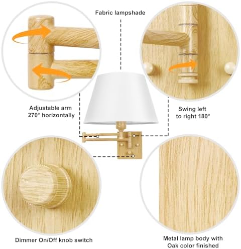 TRLIFE Dimmable Wall Sconce Plug in, Wall Sconces Set of 2 Swing Arm Wall Lights with Plug in Cord and Dimmer On/Off Knob Switch, 11.8" Large White Fabric Shade(2 LED Bulbs Included, Oak Color) - Image 2
