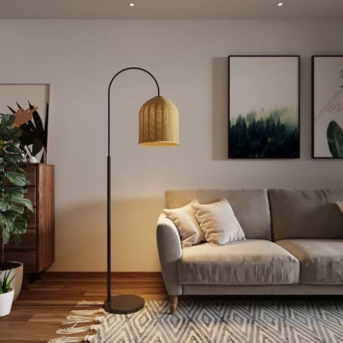 Rattan Floor Lamp, 66in. Boho Floor Lamp with Natural Brown Rattan Shade, Rustic Arc Standing Lamp for Coastal, Beach or Bohemian Style Decor (Coastal-Black) by EzeeLum
