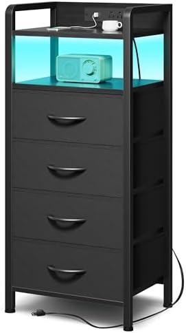 Lazzanto Nightstand with Rear Charging Station, LED Light, 4 Drawers, Black by Lazzanto