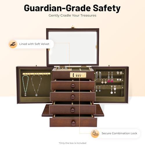 Wooden Jewelry Box, 5 Layers with 4 Drawers Large Locking Jewelry Organizer, Watches Necklace Ring Storage Box for Women (Dark Brown) - Image 3