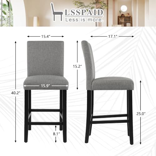 LSSPAID Counter Height Bar Stools Set of 4, 25 Inch Upholstered Fabric Barstools, Modern Kitchen Island Chairs with Backrest and Solid Wood Legs, Grey - Image 2