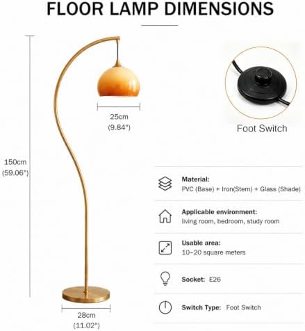 Vintage Gold Arc Floor Lamp with Orange Glass Shade - Image 6