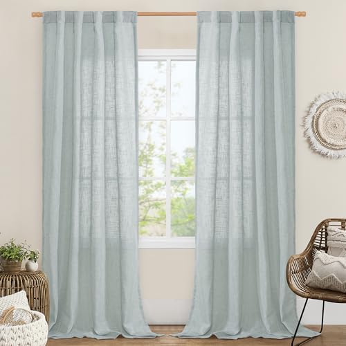 LAMIT Greyish Blue Linen Boho Curtains 84 inch Length 2 Panels Bedroom by LAMIT