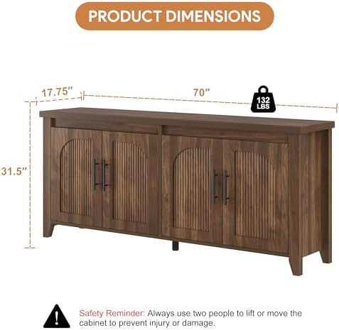knoworld Modern Buffet Cabinet with Storage, 70" Fluted Sideboard Cabinet with Adjustable Shelves, Wood & Multi-Functional Coffee Bar Console for Kitchen Room,Bedroom, Living Room & Entryway Walnut - Image 2