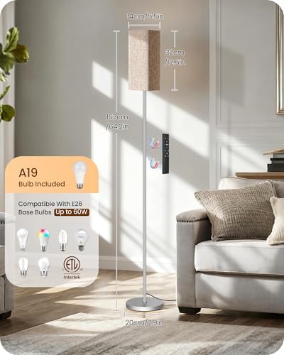 64.2'' Dimmable Floor Lamp for Living Room with Remote and Foot Switch, Corner Floor Lamp for Bedroom, Includes 10W A19 Bulb, Modern Standing Tall Lamp, ETL Listed Silver and Beige SE17LD05 - Image 2