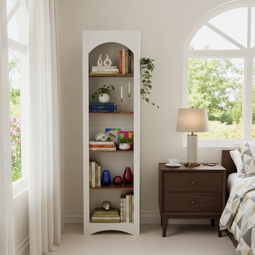 holzart 71.6" Tall Farmhouse Bookshelf, 5-Tier Narrow Bookcase & Storage Cabinet, Freestanding Kitchen Pantry Organizer with Adjustable Shelves for Living Room, Home Office, White - Image 4