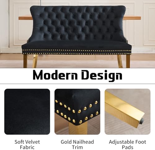 Black Velvet Dining Bench with Back, Tufted Banquette Seating, Gold Legs - Image 3