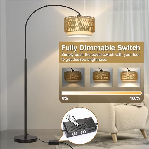 Rattan Floor Lamp, Dimmable Arc Floor Lamps with Adjustable Head - Image 3