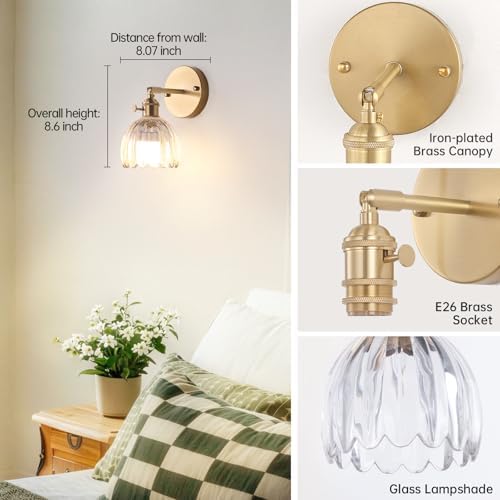 Shenmoyl Vintage Battery Operated Wall Sconce with Transparent Tulip Glass Lampshade Rechargeable Battery Powered Wall Light with Remote Control for Bedside Bedroom Doorway, Set of 2 - Image 4