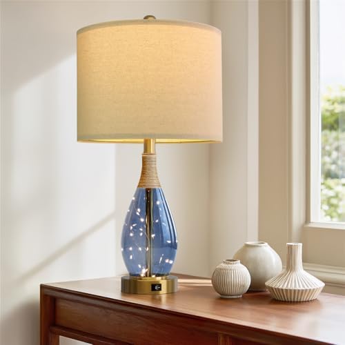 OYEARS 23" Table Lamps for Living Room Set of 2 Bedside Lamps for Night Stands Bedroom Lamps Farmhouse Rattan Boho Lamp Glass Nightlight End Table Lamp with USB C+A (Blue),Two Light Points - Image 6