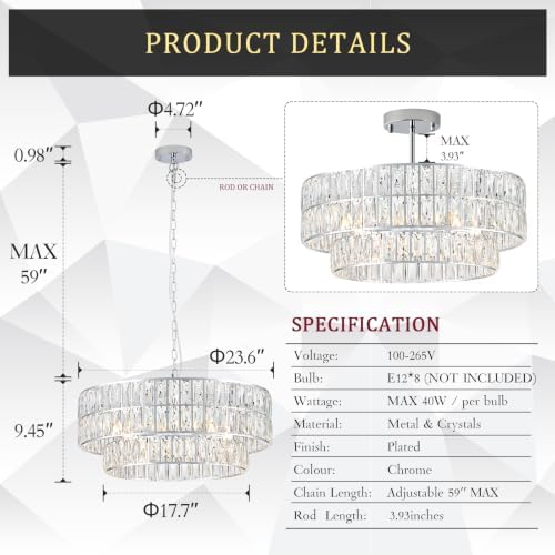 CATINER Chrome Crystal Chandelier 24" 8-Light Modern Semi Flush Pendant - Image 2