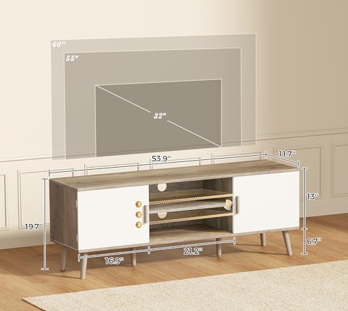 SUPERJARE TV Stand for 55 Inch TV, Entertainment Center with Adjustable Shelf, 2 Cabinets, TV Console Table, Media Console, Solid Wood Feet, Cord Holes, for Living Room, Bedroom, Gray and White - Image 3