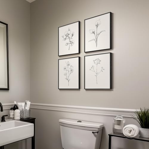 Framed Black and White Floral Wall Art, 4 Piece Vintage Gray Botanical Canvas Prints Painting Artwork, Minimalist Neutral Flower Pictures for Farmhouse Bedroom Living Room Bathroom Home Decor, 11x14 - Image 4