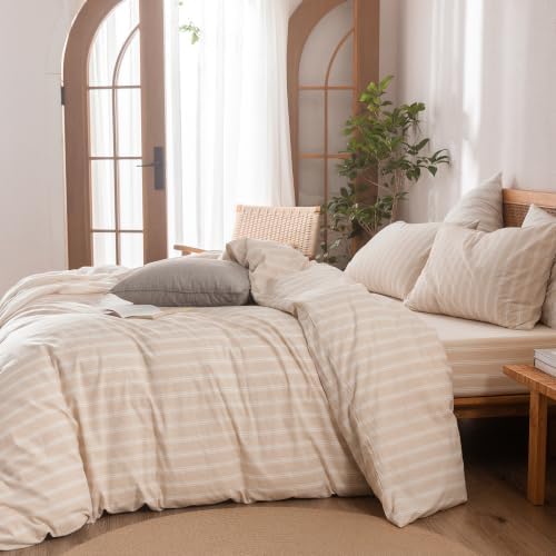 BESTOUCH Striped Cotton Duvet Cover Set Linen Feel Super Queen - Image 4