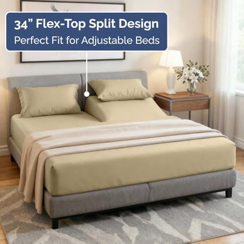 Flex Top Split Head King 4 Piece Sheet Set - Ultra-Soft, Breathable - Beige - Image 4
