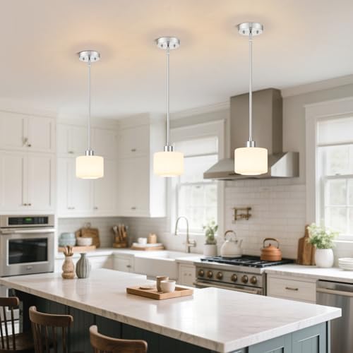 Brushed Nickel Pendant Lights Kitchen Island, 1-Light Modern Milk Glass Hanging Light Fixtures with Rods, Mini Kitchen Pendant Lighting Over Island for Sink Bathroom, OS-YQ8153-1PBN - Image 3