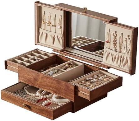 Walnut Wooden Jewelry Box for Women, with Mirror, 3 Layer - Image 4