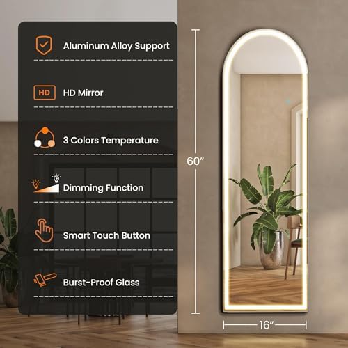 Sweetcrispy Arched LED Full Length Floor Mirror, 60"x16" Full Body Mirror - Image 3