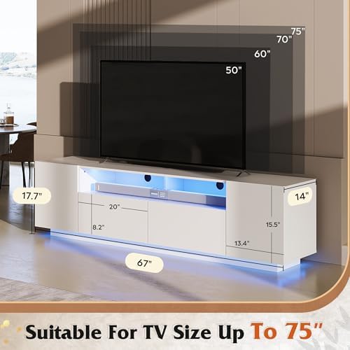 WLIVE LED TV Stand with Large Storage Cabinet, Modern Entertainment Center for 55/60/65/70/75 Inch TVs, Sturdy TV Console for Living Room, Bedroom,Rec Room(White) - Image 3
