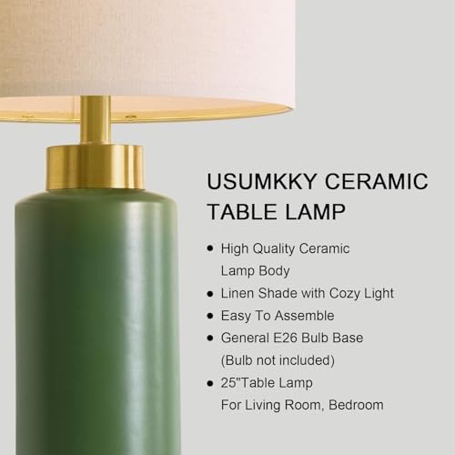 USumkky 25" Green Ceramic Table Lamp Set of 2, Modern Mid-Century Bedside Nightstand Lamps for Bedroom Living Room, Linen Shade & Gold Metal Base, Rotary Switch E26 (Bulbs Excluded) - Image 4