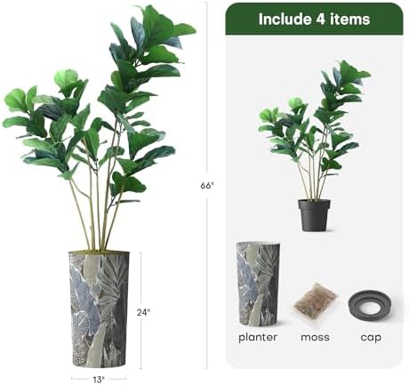 Artificial Tree in Modern Planter, Fake Ficus Lyrata Silk Tree for Indoor and Outdoor Home Decoration - 66" Overall Tall (Plant Pot Plus Tree) - Image 3
