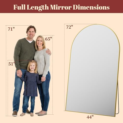 Suidia 72"x44" Arched Full Length Mirror with Stand, Full Body Mirror with Aluminum Frame, Freestanding/Leaning/Wall-Mounted, Floor Mirrors for Bedroom, Living Room, Entryway, Dressing Room, Gold - Image 4