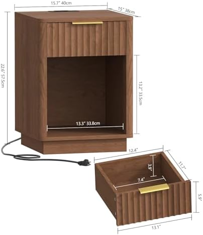 Akxomel Fluted Nightstand Set 2 Bedside Table with Charging Station Walnut - Image 3