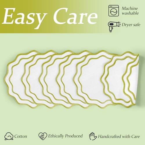 Set of 6 Sage Green Cotton Linen Coasters 5.5 Inch Embroidery Scalloped Coasters Floral Drink Mats for Table Decor Washable Fabric Cup Mats for Wedding Tea Party Festival Spring Holiday Entertaining - Image 3