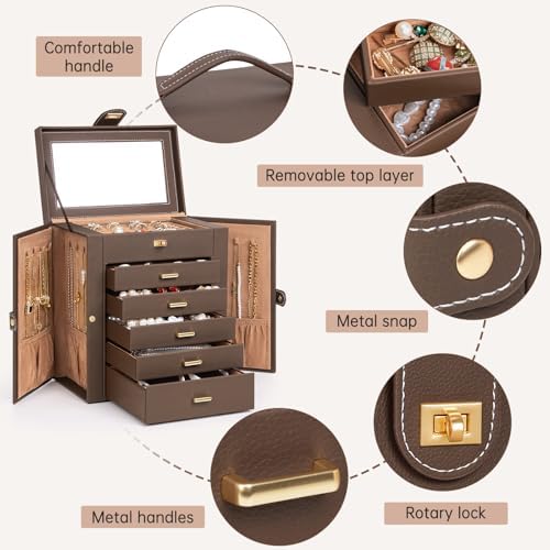 AKOZLIN 6-Tier Jewelry Box Organizer 5 Drawers Storage Medium Brown - Image 5